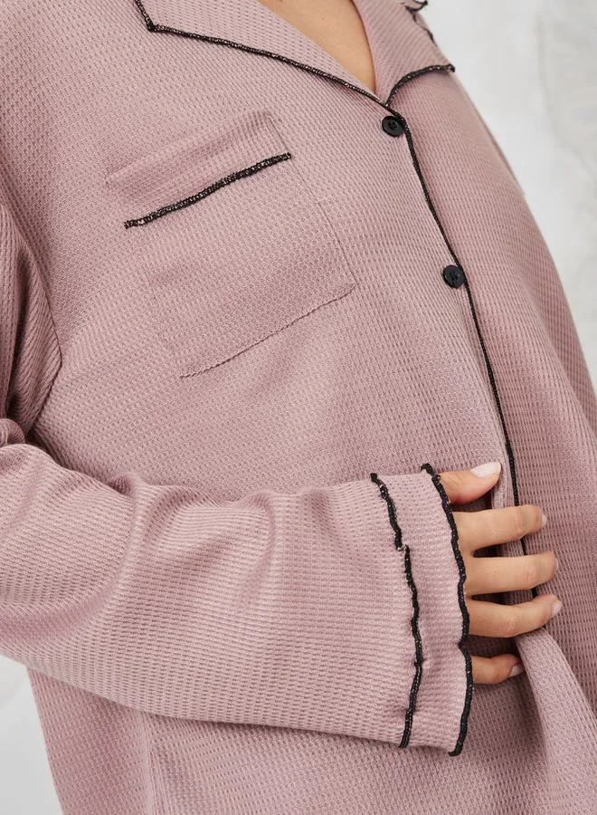 ستايلي Waffle Double Sleeve Lettuce Hem Edge Shirt & Pyjama Set