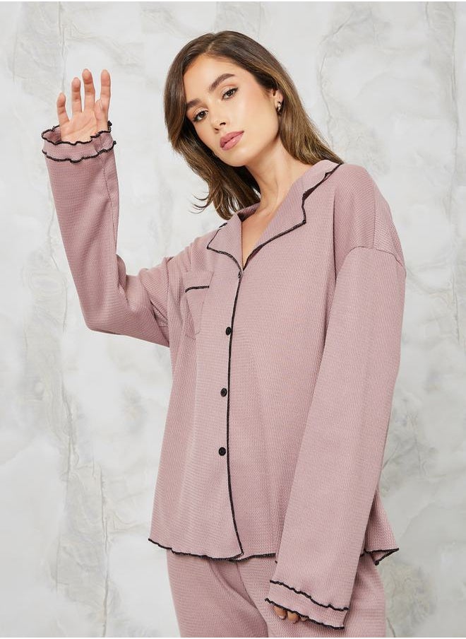 Styli - Waffle Double Sleeve Lettuce Hem Edge Shirt & Pyjama Set - Image 1