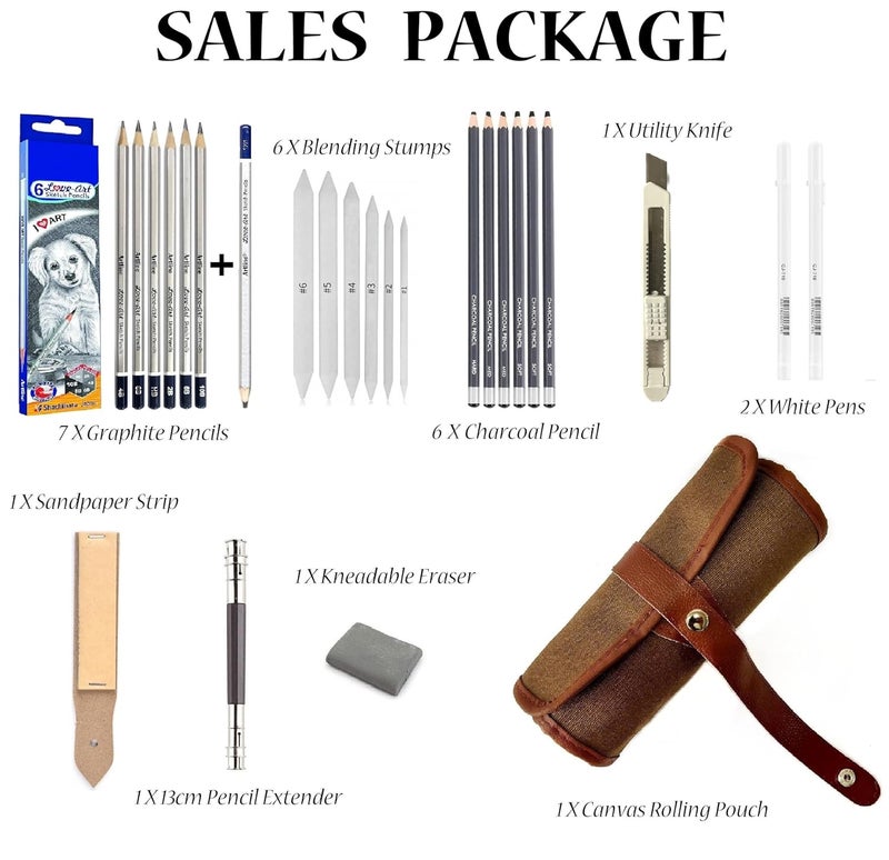 Definite Definite Artline Graphite Charcoal Pencils Stumps Sandpaper Eraser White Pen Cutter Extender in Rolling Bag HB 2B 4B 6B 8B 10B 12B Soft Medium Hard 25 Pcs  - Image 2