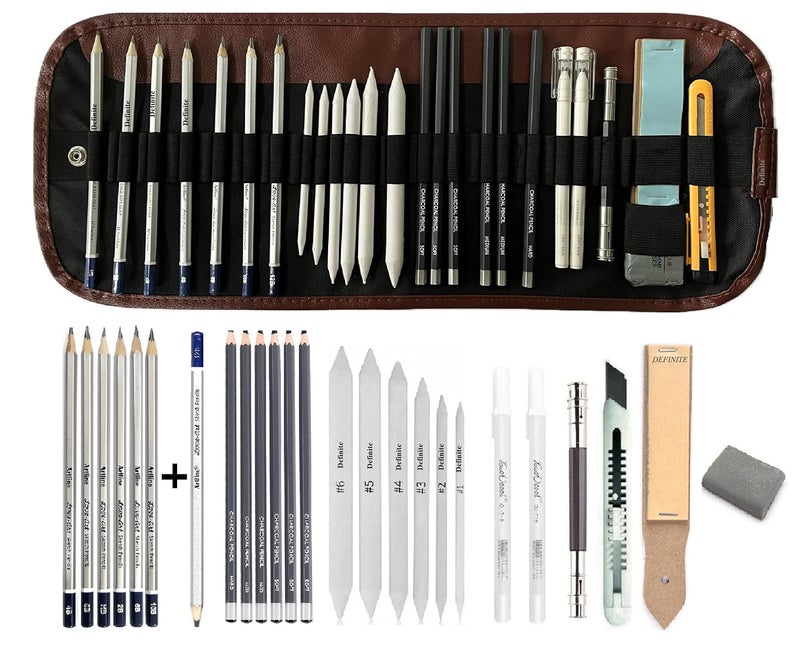 Definite Definite Artline Graphite Charcoal Pencils Stumps Sandpaper Eraser White Pen Cutter Extender in Rolling Bag HB 2B 4B 6B 8B 10B 12B Soft Medium Hard 25 Pcs  - Image 1