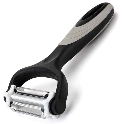 Bagonias 3-in-1 Multi-Functional Peeler – Stainless Steel Straight, Serrated, and Julienne Blades for Potatoes, Carrots, Vegetables, Fruits, and Salads (Black/Gray, Pack of 1) - Image 1