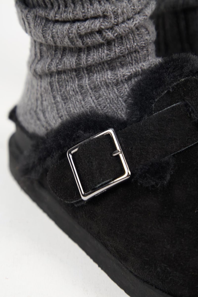 Manijero (Zeta 2 Furry Platform) Women's Leather Belt Buckled Sabo Black Slippers  - Image 3