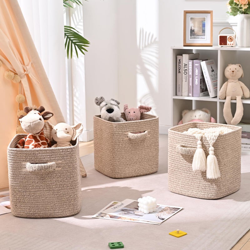 Degeyoyo 11 Inch Storage Cubes, 3 Pack Cube Storage Bins for Organizing, Cotton Rope Woven Baskets for Shelves, Bathroom, Kids Room, Closets, Baby Nursery - Image 3