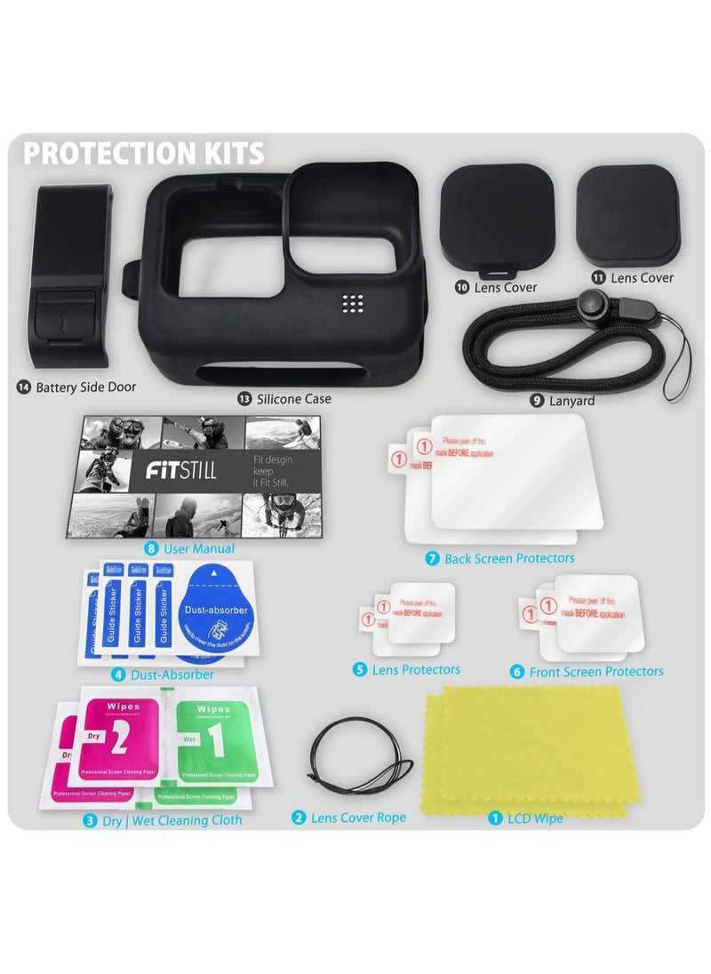 Silicone Sleeve Case for Go Pro Hero 11 /Hero 10 /Hero 9 Black, Battery Side Cover & Screen Protectors & Lens Caps & Lanyard for Go Pro Hero 11 /10 / 9 Accessories Kit