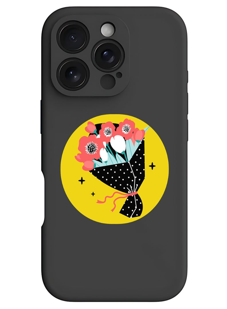 Theodor iPhone 16 Pro Max Black Protective Slim Fit Case Liquid Silicone Cover with Full Body Protection Anti-Scratch Shockproof Case For iPhone - Bouquet vector - Image 1