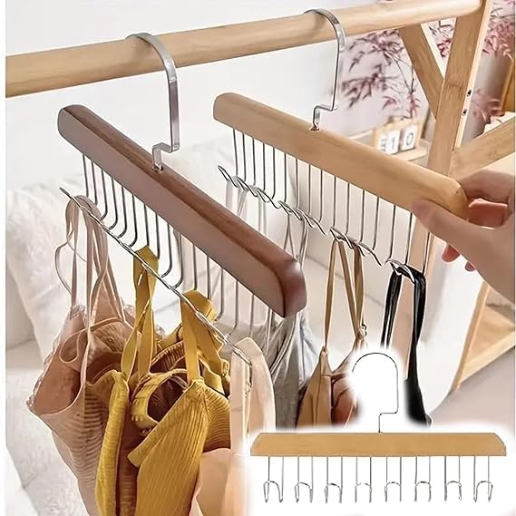 Perpetual Wooden Hanger for Clothes Hanging, Hangers for Wardrobe and Cupboard, 8 Hook Adjustable Clothes Hanger for Lingerie, Belt, Scarf, Tie, Garments and Accessories (Pack of 12) - Image 2