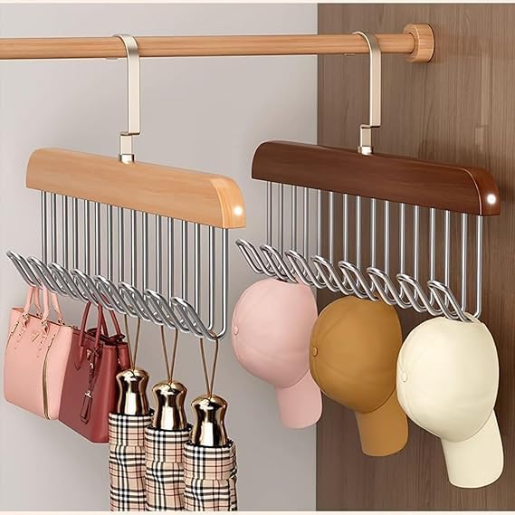 Perpetual Wooden Hanger for Clothes Hanging, Hangers for Wardrobe and Cupboard, 8 Hook Adjustable Clothes Hanger for Lingerie, Belt, Scarf, Tie, Garments and Accessories (Pack of 12) - Image 1