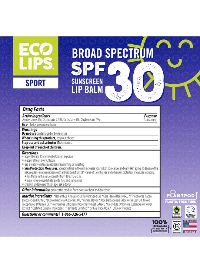 Eco Lips Classic Sport Broad Spectrum Sunscreen Lip Balm 6Pack Made In Usa (Classic Vanilla Spf 30) - Image 4