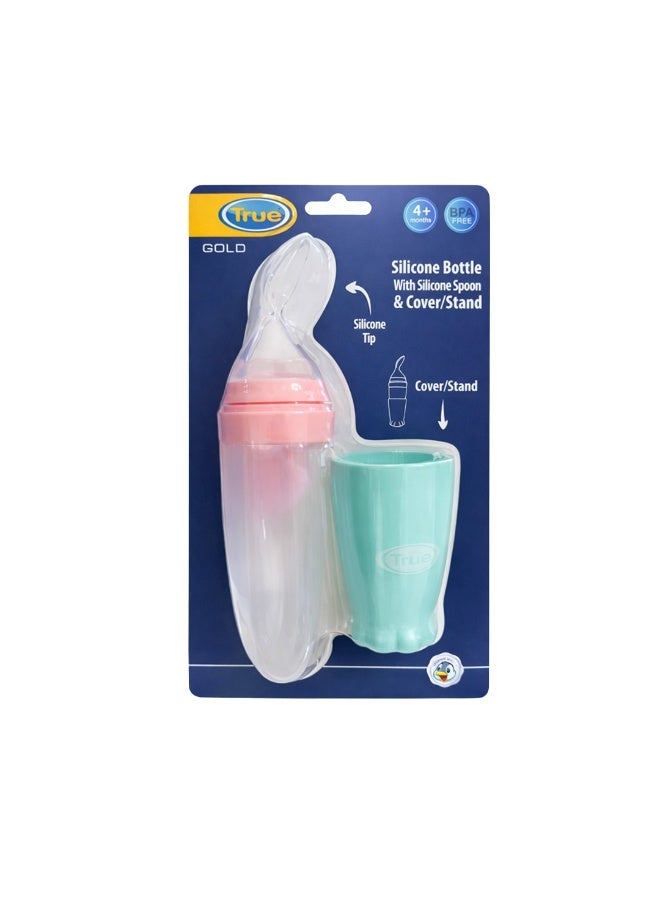 True Gold Silicone Bottle with Silicone Spoon and Cover/Stand 4m+ - Image 1
