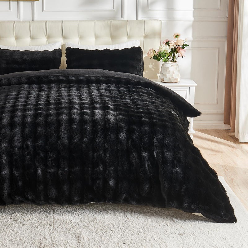 Lotus Karen Lotus Karen Fluffy Comforter Cover Set-Rabbit Fluff Faux Fur Duvet Cover King Size Black Plush Fuzzy Furry Bedding Sets 3Pieces(1 Duvet Cover & 2 Pillow Shams) Zipper Closure  - Image 1