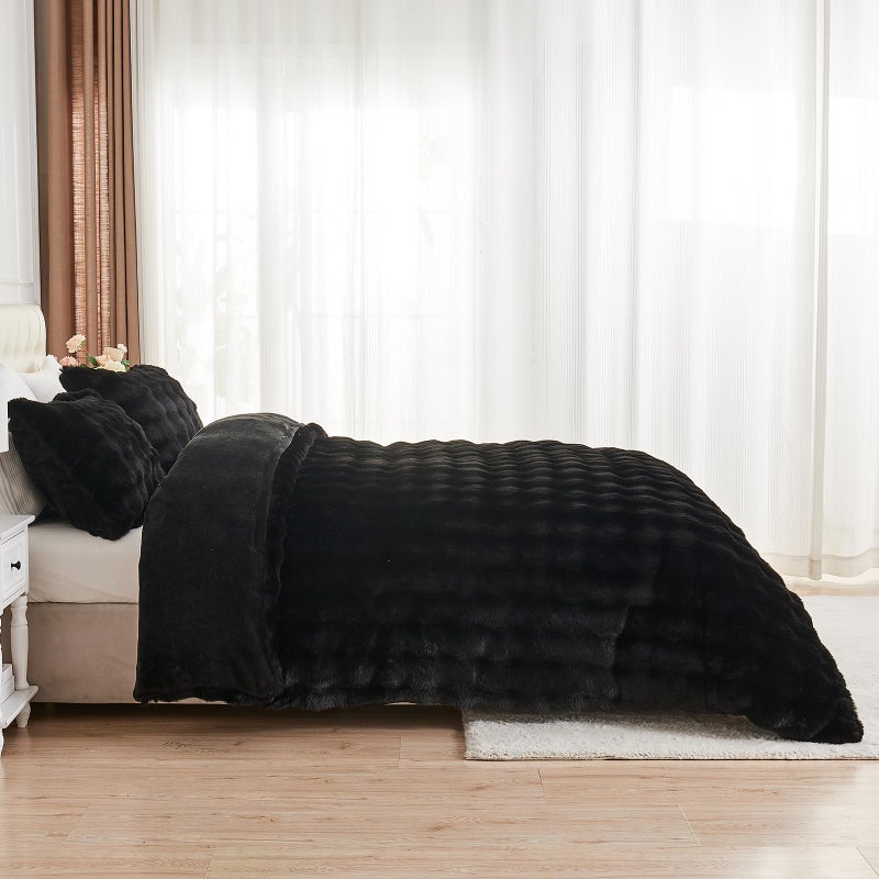 Lotus Karen Lotus Karen Fluffy Comforter Cover Set-Rabbit Fluff Faux Fur Duvet Cover King Size Black Plush Fuzzy Furry Bedding Sets 3Pieces(1 Duvet Cover & 2 Pillow Shams) Zipper Closure  - Image 4