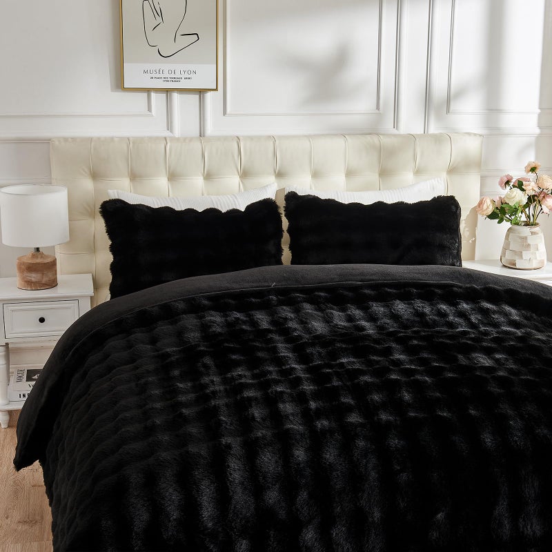 Lotus Karen Lotus Karen Fluffy Comforter Cover Set-Rabbit Fluff Faux Fur Duvet Cover King Size Black Plush Fuzzy Furry Bedding Sets 3Pieces(1 Duvet Cover & 2 Pillow Shams) Zipper Closure  - Image 3