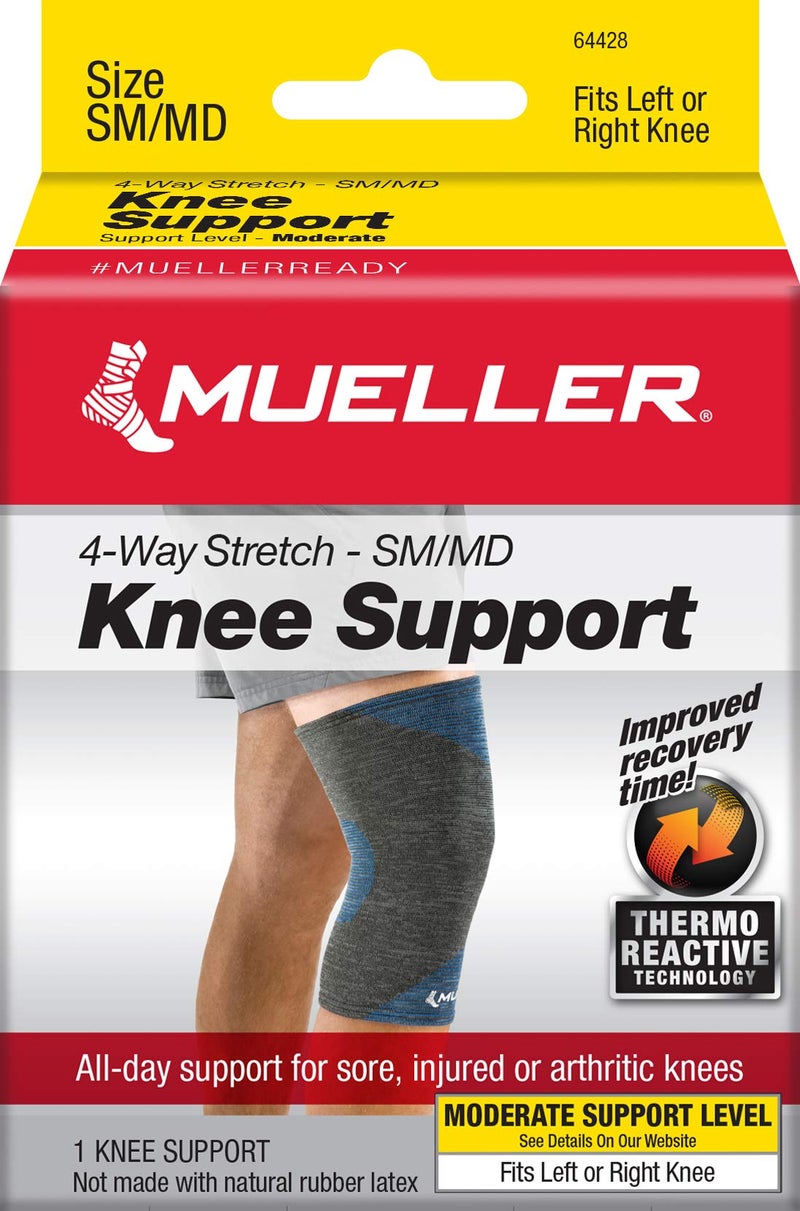 MUELLER Sports Medicine FIR 4-Way Stretch Knee Support, Knee Pain Relief Support for Men and Women, Ideal for Arthritis, Sprains, Gray/Blue, Small/Medium - Image 2