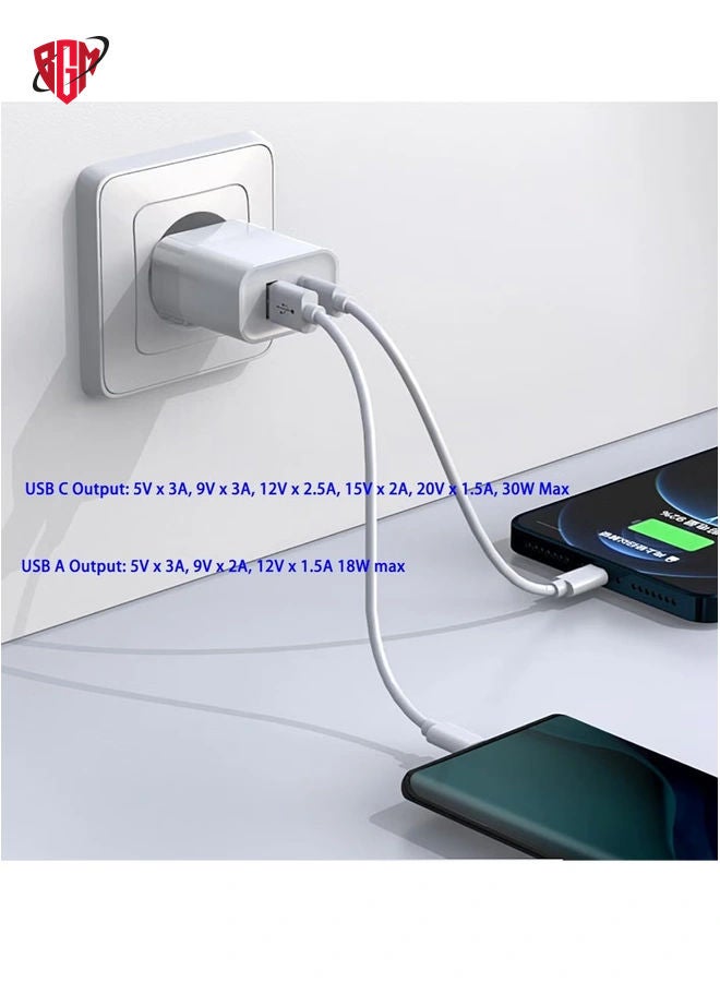 BGM "Dual Ports Fast Wall Charger 30W GaN PD USB-C for Phones and Notebooks, Compatible with iPhone, iPad Pro, MacBook Air, Samsung Laptop, S21, and More, 18W USB Port for Second Device White"  - Image 2