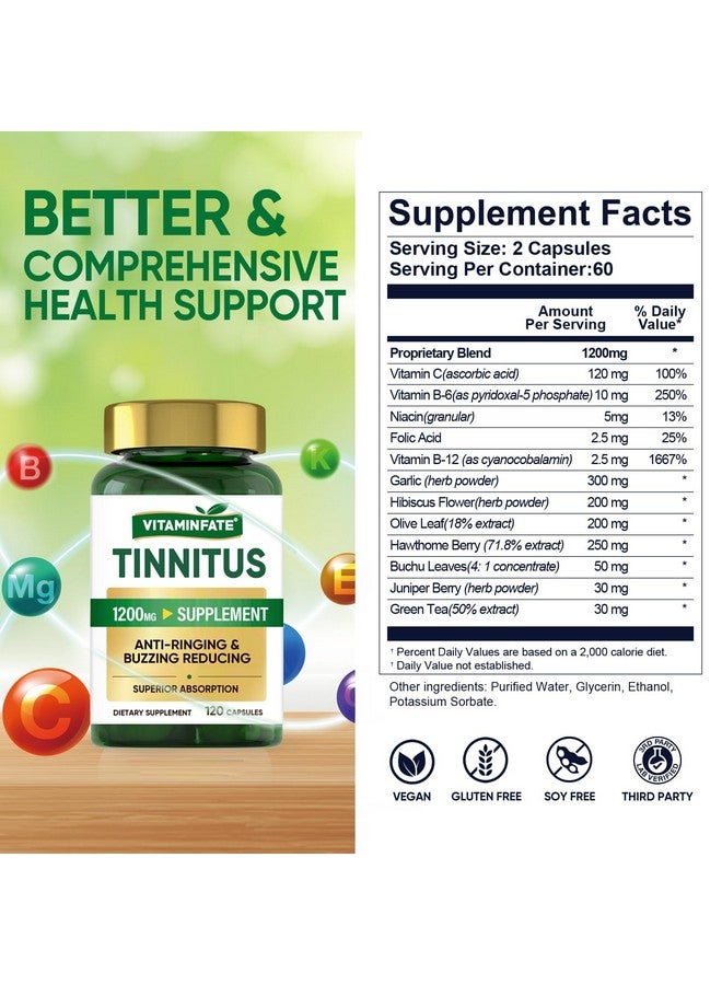 VITAMINFATE VITAMINFATE Tinnitus Relief for Ringing Ears Supplement 1200mg - 120 Capsules | Supports Ear Health & Hearing Wellness | Reduces Tinnitus Symptoms  - Image 5