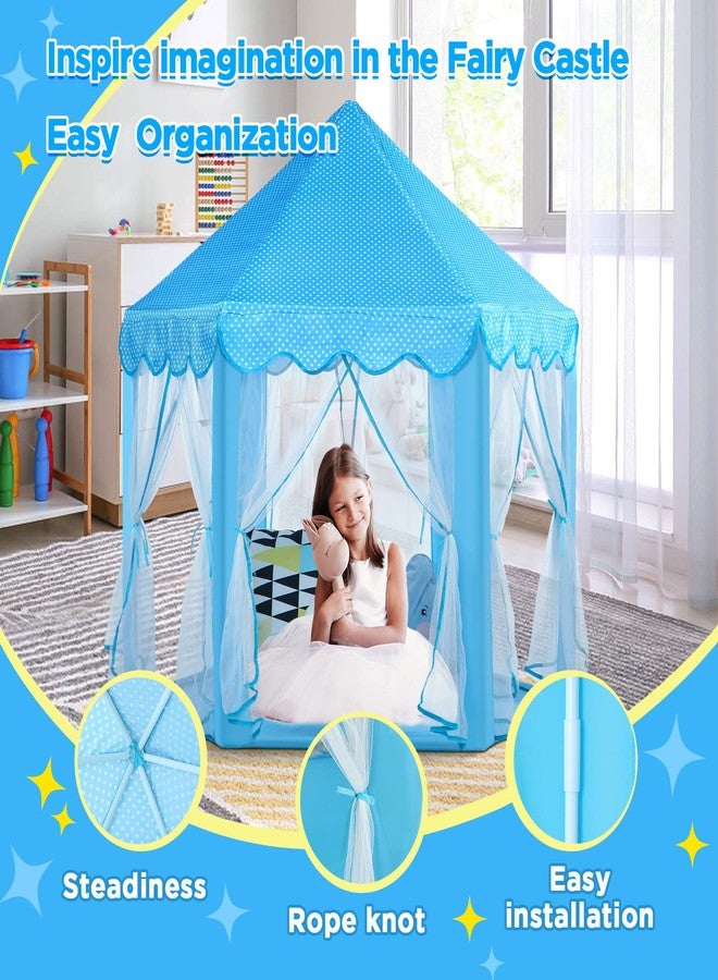 Monobeach Princess Castle Playhouse for Girls - Large Kids Tent with Star Lights for Indoor & Outdoor Play, 55'' x 53'' (DxH) (Blue Princess Tent with Little Star Lights) - Image 5