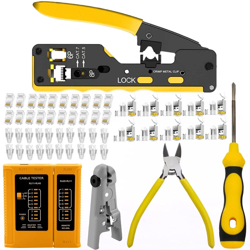Gaobige rj45 Crimp Tool Kit Pass Through Cat7 Cat6A Cat6 Cat5e Cat5 rj45 Crimping Tool with 10PCS Cat7 Shielded Connectors 10PCS Covers 20PCS Cat6 Pass Through Connectors 20PCS Covers Network Tester