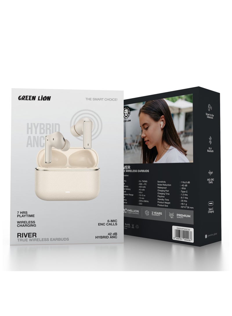 جرين ليون سماعات ريفر اللاسلكية الحقيقية بتقنية ANC + ENC Clarity / شحن لاسلكي / اكتشاف ذكي داخل الأذن / سماعة رأس بدون استخدام اليدين / مكالمات ENC بستة ميكروفونات / سماعات أذن للموسيقى والمكالمات والألعاب / سماعات رأس لاسلكية حقيقية - كريمي - Image 4