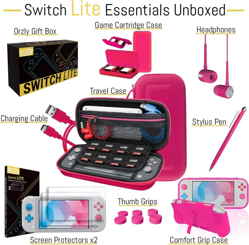 Orzly Accessories Bundle for Switch Lite - Case & Screen Protector for Nintendo Switch Lite Console, USB Cable, Games Holder, Comfort Grip Case, Headphones, Thumb-Grip Pack & More - Pink - Image 3