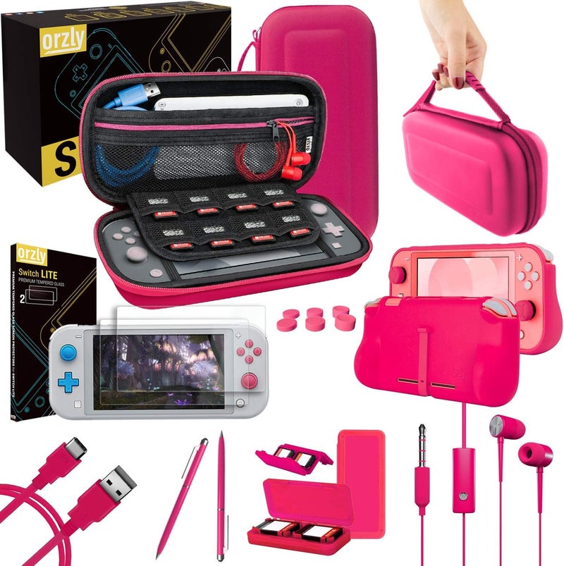 Orzly Accessories Bundle for Switch Lite - Case & Screen Protector for Nintendo Switch Lite Console, USB Cable, Games Holder, Comfort Grip Case, Headphones, Thumb-Grip Pack & More - Pink - Image 1