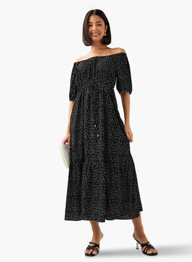 Splash FAV Polka Dot Print Off Shoulder Women Dress with Tie-Ups