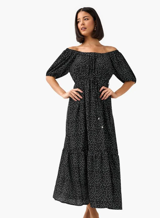 Splash FAV Polka Dot Print Off Shoulder Women Dress with Tie-Ups