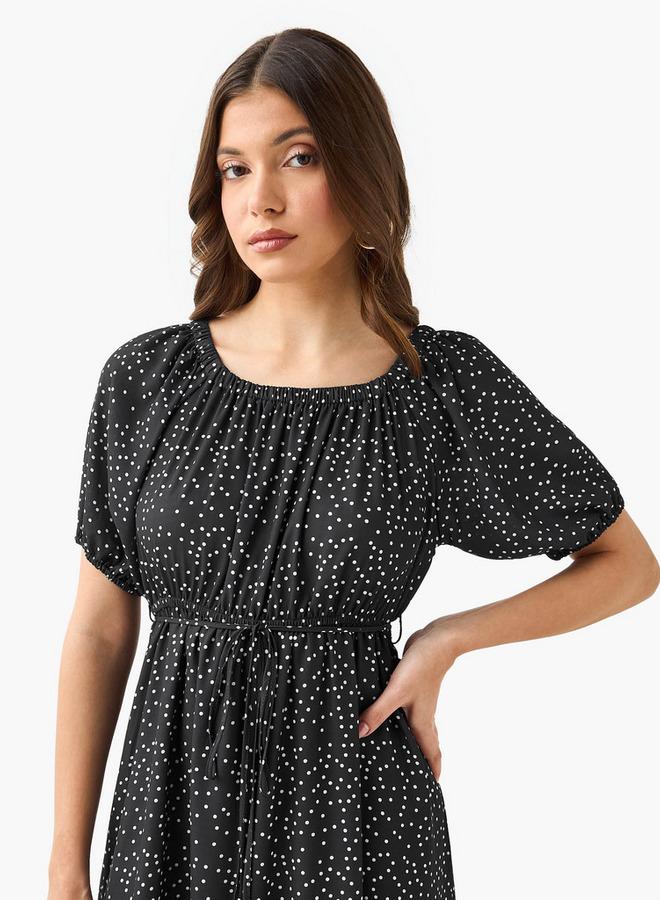 Splash FAV Polka Dot Print Off Shoulder Women Dress with Tie-Ups - Image 5