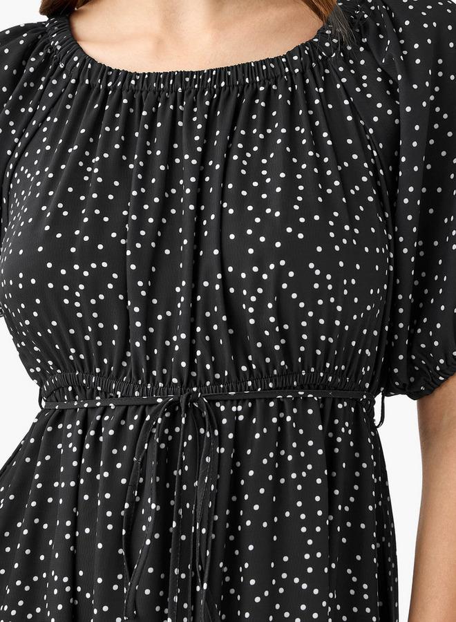Splash FAV Polka Dot Print Off Shoulder Women Dress with Tie-Ups - Image 4