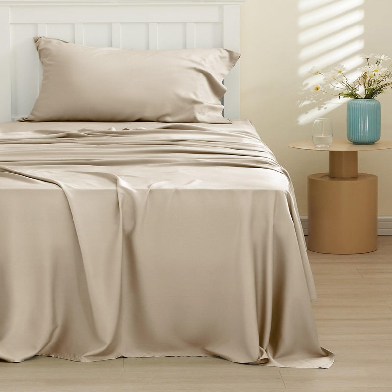 Bedsure Cooling Sheets Twin, Rayon Derived from Bamboo, Cooling Sheets, Breathable & Soft, Deep Pocket Up to 16 Inches, Hotel Luxury Silky Bedding for Hot Sleepers, Beige - Image 2