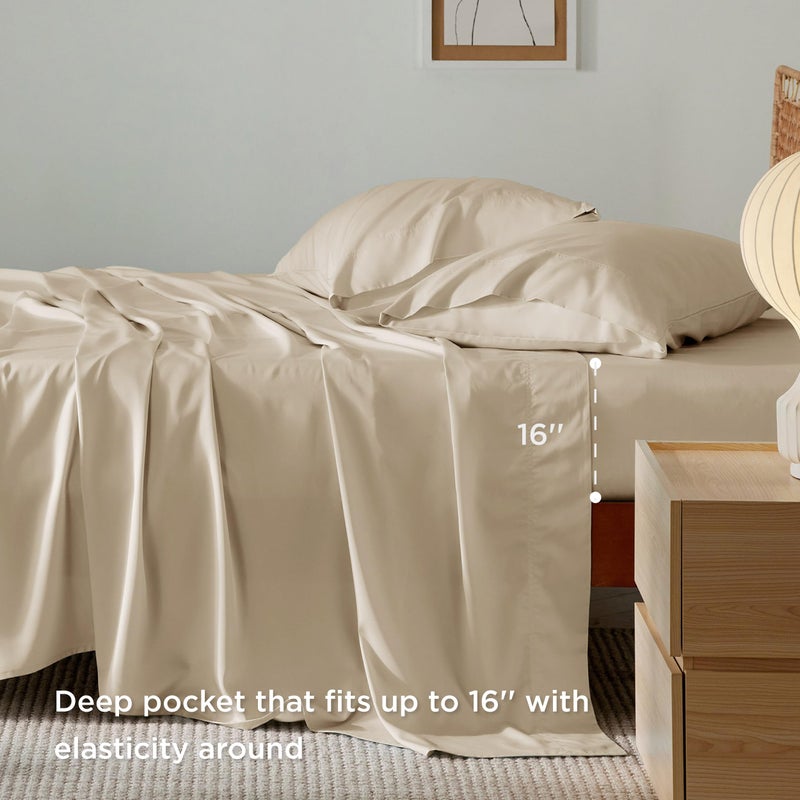 Bedsure Cooling Sheets Twin, Rayon Derived from Bamboo, Cooling Sheets, Breathable & Soft, Deep Pocket Up to 16 Inches, Hotel Luxury Silky Bedding for Hot Sleepers, Beige - Image 3