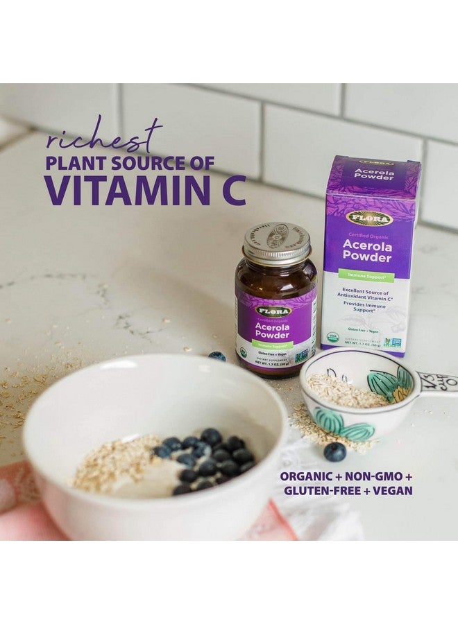 Flora Acerola Powder - Vitamin C & Antioxidants - Immune Support Supplement - Organic, Non-GMO & Vegan - 1.7 oz. Glass Bottle - Image 2