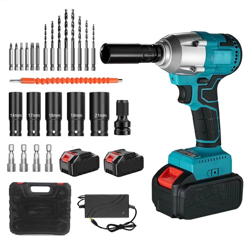 Impact Wrench, 1/2" Heavy-Duty Cordless Impact Wrench Kit With 2 Batteries For Car Tire Repair And Home Diy Projects, Carry Case, Blue - Image 1