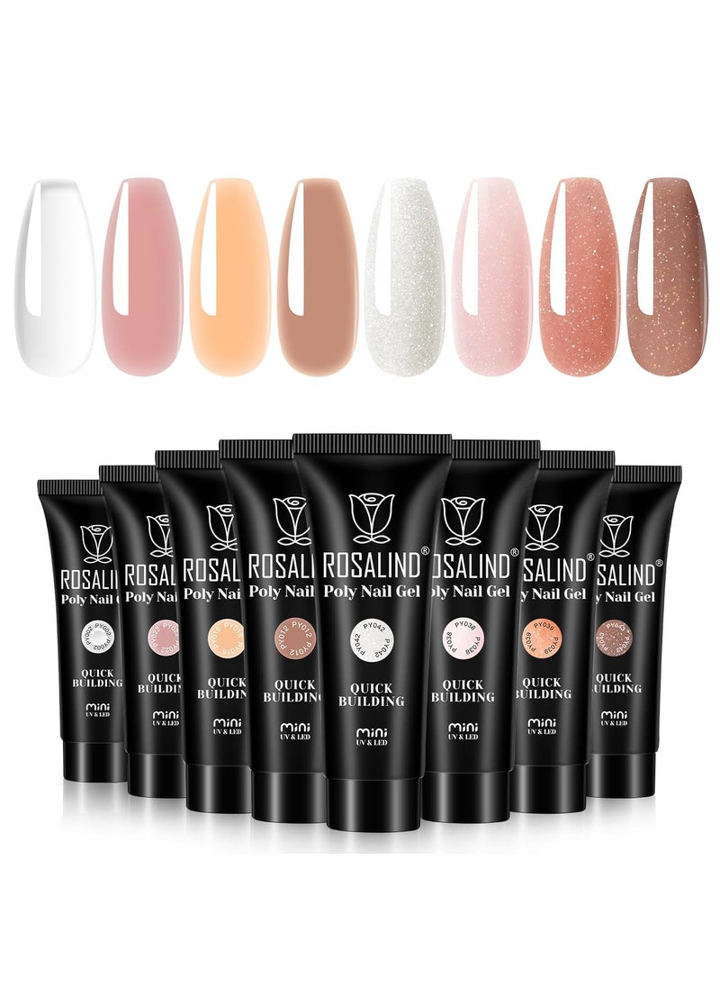Rosalind ROSALIND Poly Nail Gel Set, 8 Colors 10g Clear Nude Poly Extension Gel Nail Set, Glitter Shiny Poly Nail Gel Kit Builder Gel Extension Kit for Nail Art Design Easy DIY Gift for Women 