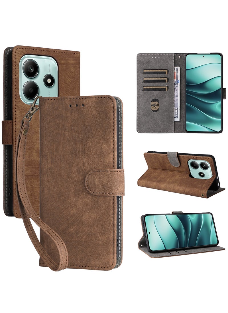 Generic For Xiaomi Redmi Note 14 5G / Xiaomi POCO M7 Pro 5G Cover with Hand Strap, PU Leather Full Body Protection Shockproof Flip Mobile Cover, RFID Anti-theft Brush Folio Wallet Case  - Image 1