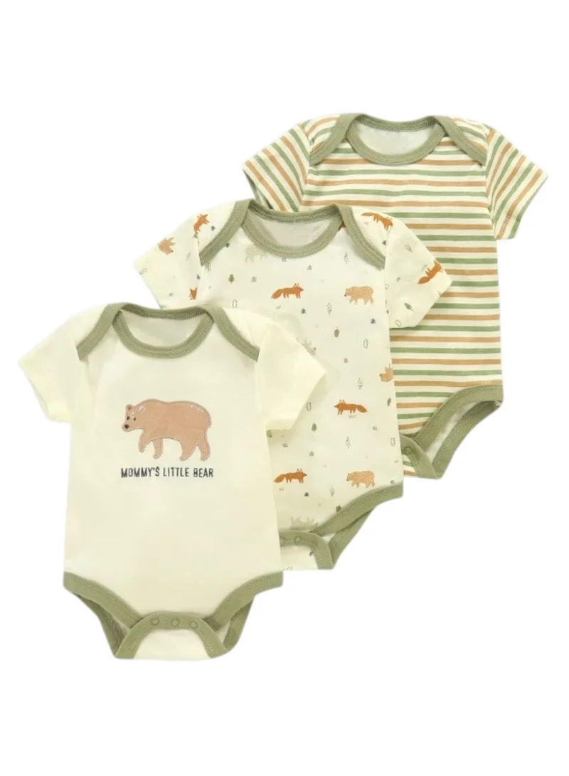 بامبيميسي Baby  Cotton Bear Bodysuit Short Sleeve  – 3-Piece Newborn Outfit
