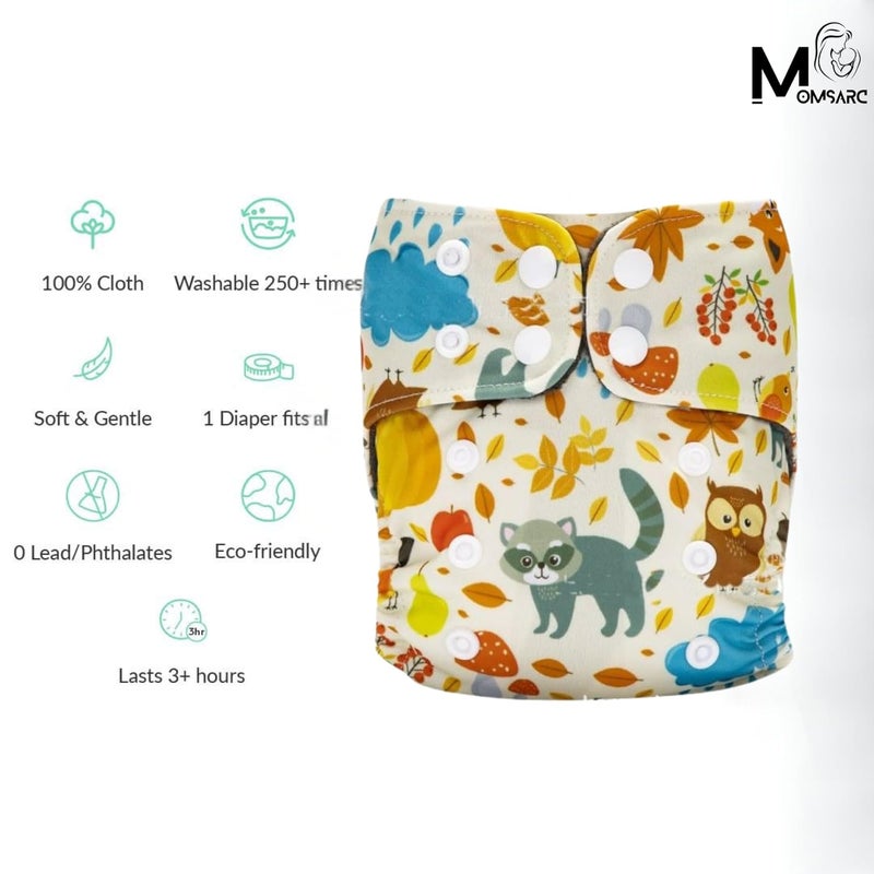 MOMSARC Cotton Printed Cloth Diapers for Babies | High-Absorbent Nappies with Quick Dry Pad + 1 Insert Pad | Adjustable & Washable for 250+ times | (0-3 Years,Beige,Pack of 1) - Image 4