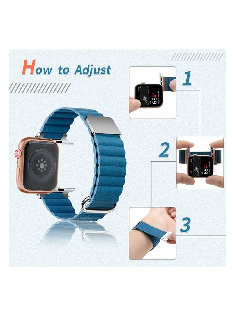 MOCOM Magnetic Leather Loop Strap Watch Band for Apple Watch Ultra 49mm Series 8 45mm 44mm 42mm Leather Magnet Ultra Band Strap – Blue  - Image 2