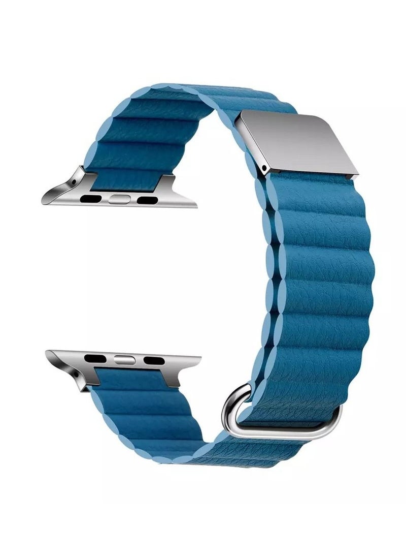 MOCOM Magnetic Leather Loop Strap Watch Band for Apple Watch Ultra 49mm Series 8 45mm 44mm 42mm Leather Magnet Ultra Band Strap – Blue  - Image 1