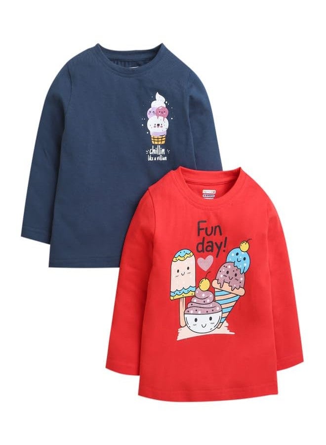 BUMZEE Navy & Red Girls Full Sleeves Cotton T-Shirts Pack of 2 Age - 3-6 Months (Peb9926B-nbl.red) - Image 1