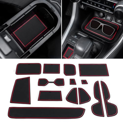 TOPINSTALL Accessorize Interior Liners Compatible with 2019-2024 2025 Toyota RAV 4/2021-2025 RAV4 Prime, Anti Dust Cup Holder Insert, Premium Center Console Rubber Mat, Door Pocket Pad- 16PCS Red Trim - Image 3