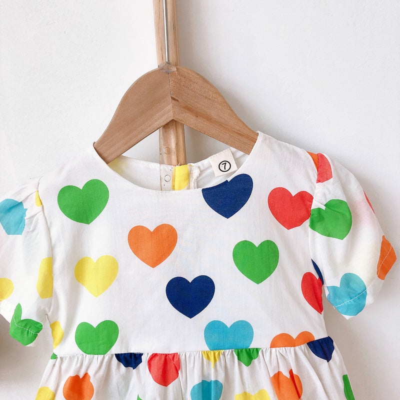 5557 Children'S Clothing 2023 Korean Version Of Short Sleeve Small Fresh Colorful Love Printed Cotton Skirt Hair Generation - Image 3