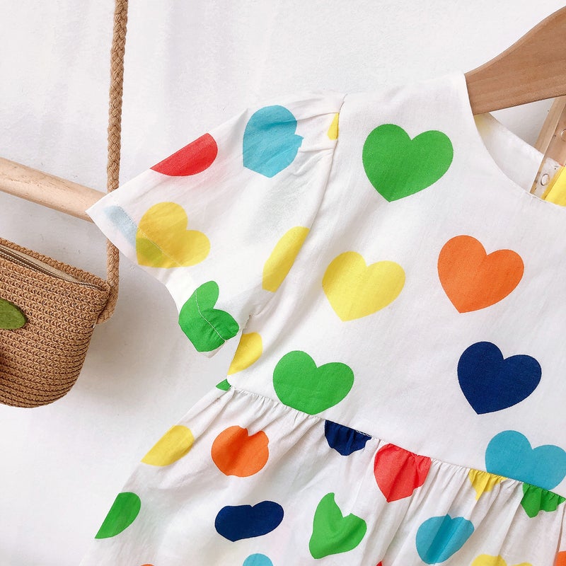 5557 Children'S Clothing 2023 Korean Version Of Short Sleeve Small Fresh Colorful Love Printed Cotton Skirt Hair Generation - Image 5