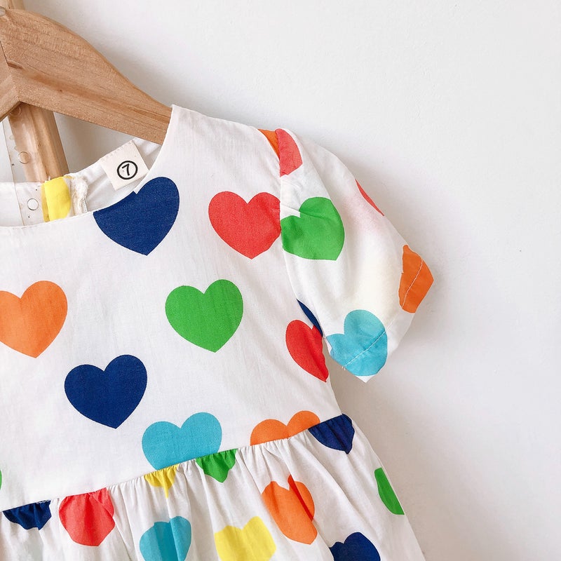 5557 Children'S Clothing 2023 Korean Version Of Short Sleeve Small Fresh Colorful Love Printed Cotton Skirt Hair Generation - Image 4