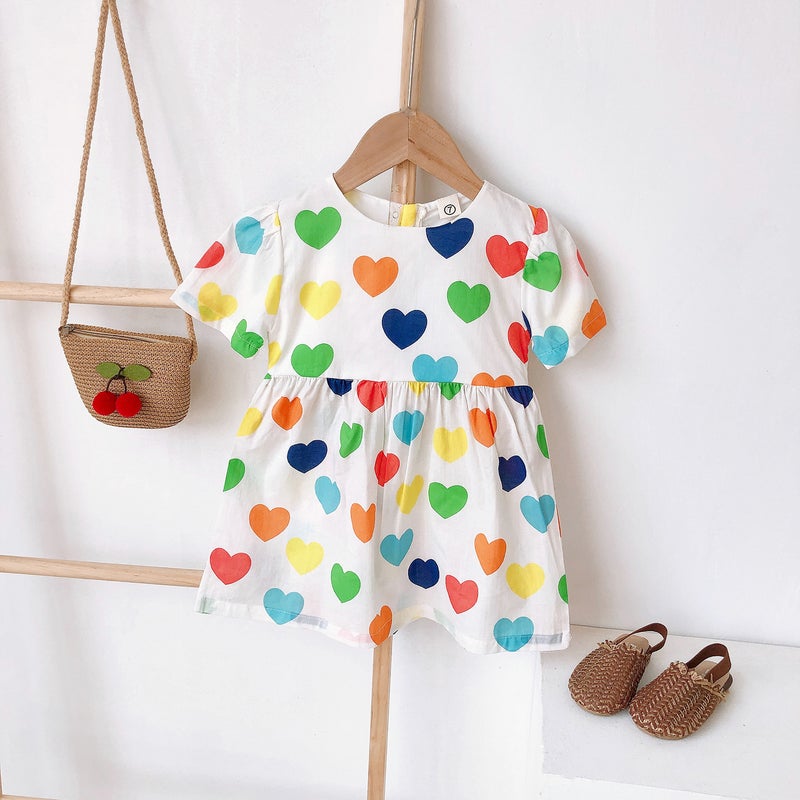 5557 Children'S Clothing 2023 Korean Version Of Short Sleeve Small Fresh Colorful Love Printed Cotton Skirt Hair Generation - Image 1