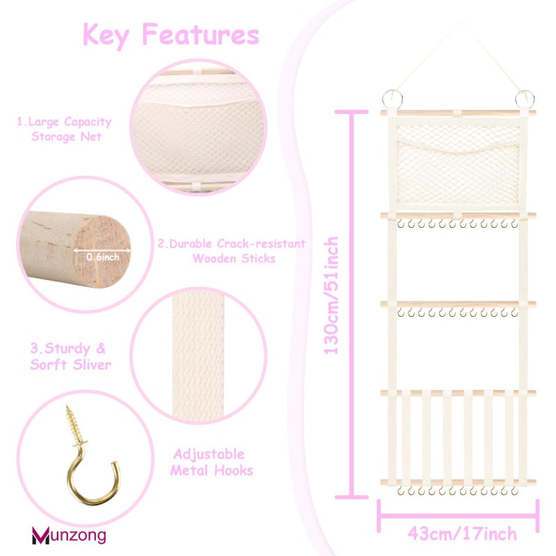 Munzong bow holder for girls hair bows 52x17 inch, Beige Hair Bow Clip Organizer for Baby Girls,Hair Accessories Storage Hanger for Toddler Kids Nursery Room Decor - Image 2