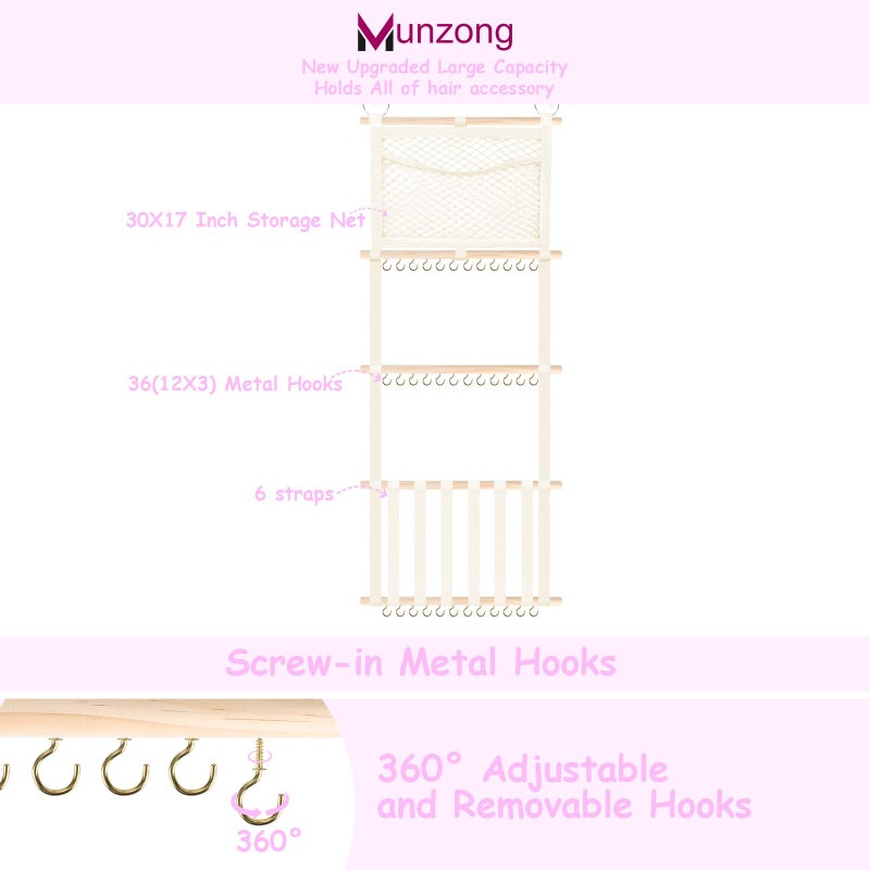Munzong bow holder for girls hair bows 52x17 inch, Beige Hair Bow Clip Organizer for Baby Girls,Hair Accessories Storage Hanger for Toddler Kids Nursery Room Decor - Image 3