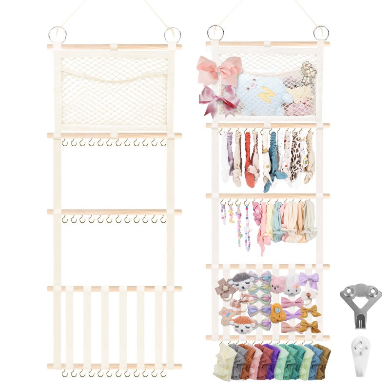 Munzong bow holder for girls hair bows 52x17 inch, Beige Hair Bow Clip Organizer for Baby Girls,Hair Accessories Storage Hanger for Toddler Kids Nursery Room Decor - Image 1