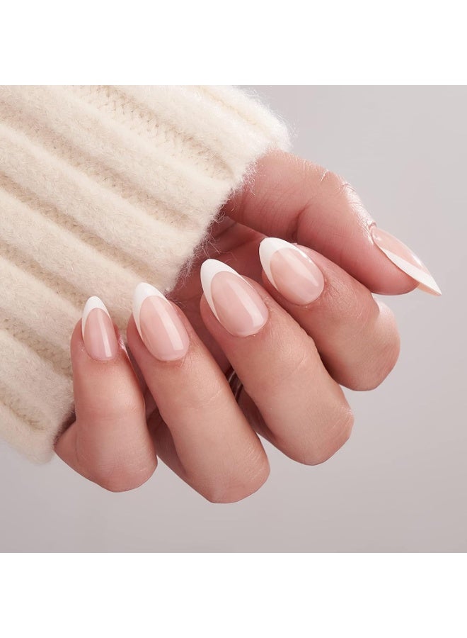 RESONIX 24pcs Short Almond Press-On Nails – White French Tip Fake Nails with Glue, Natural Reusable Stick-On Nails Kit in 12 Sizes, Glossy Acrylic Full Cover Artificial Nails for Women - Image 3