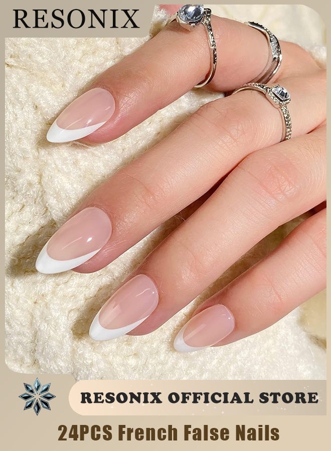 RESONIX 24pcs Short Almond Press-On Nails – White French Tip Fake Nails with Glue, Natural Reusable Stick-On Nails Kit in 12 Sizes, Glossy Acrylic Full Cover Artificial Nails for Women - Image 1