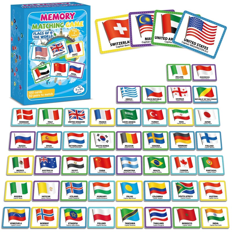 gisgfim 100 PCS Memory Matching Game Flags of The World Concentration Memory Card for Kids and Adults Learning Educational A Fun Fast Countries of The World Matching Games - Image 2